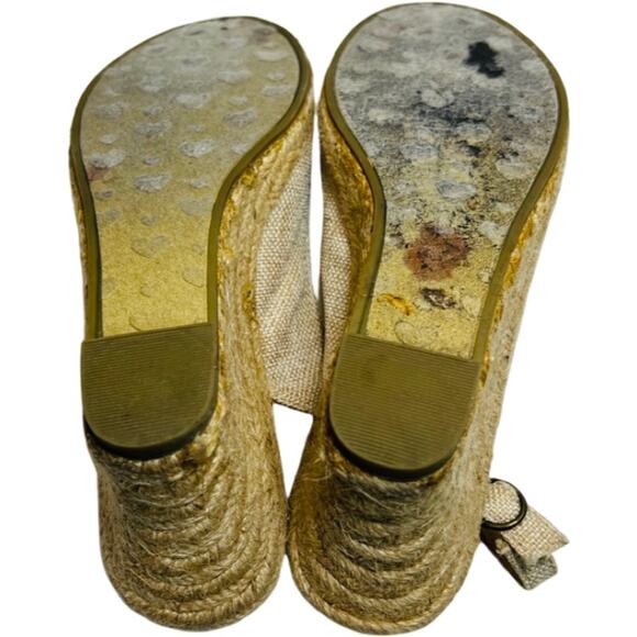 Rocket Dog Tan Canvas Burlap Bow Slingback Peep Toe Espadrilles 3" Heel Size 8 - Picture 5 of 8